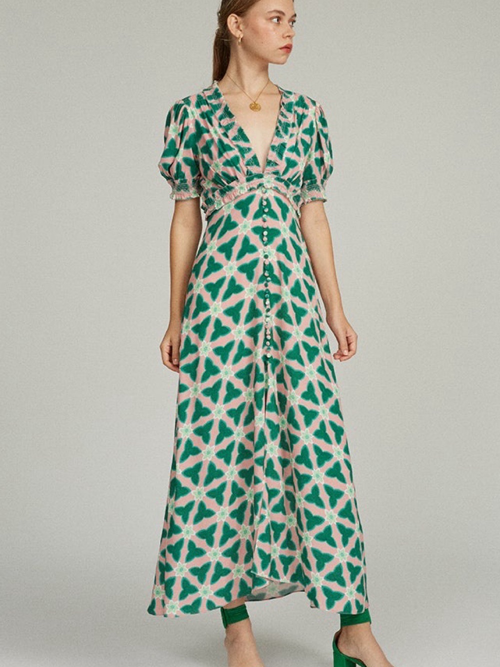Saloni Lea Dress Green and Pink Floral V-Neck Maxi Dress